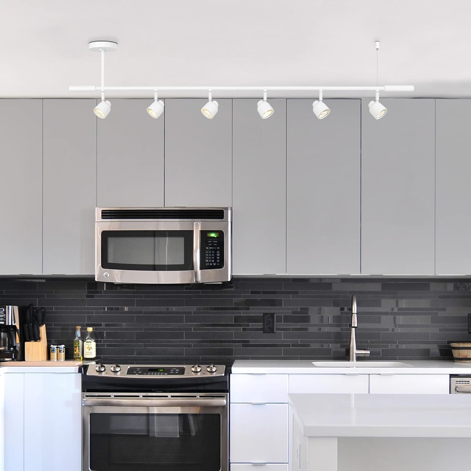 globe electric 64000054 6-light adjustable height track lighting, matte white, pivoting shades, gu10 base, minimalist ceiling light for kitchen or dining room, dimmer switch compatible matte white, eastwood