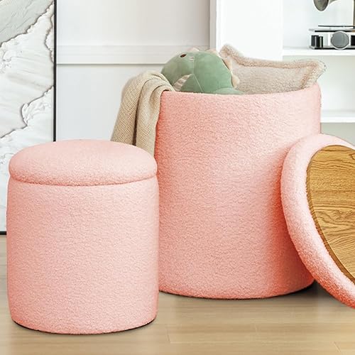 Miniatura 9 de YSICK Otomana redonda con almacenamiento, juego de 2, taburete pequeño de tocador como silla de tocador, otomana de corduroy para reposapiés en