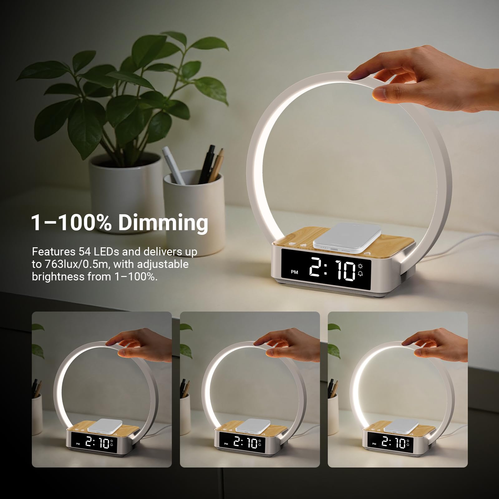 NEEWER Entry Level Version Bedside Lamp con 15W Carga Inalámbrica Compatible con iPhone AirPods,Sunrise Alarm Clock, Dimmable Aro Foco Luz Desktop LED Táctil para Dormitorio Mesita Noche Lectura, N40