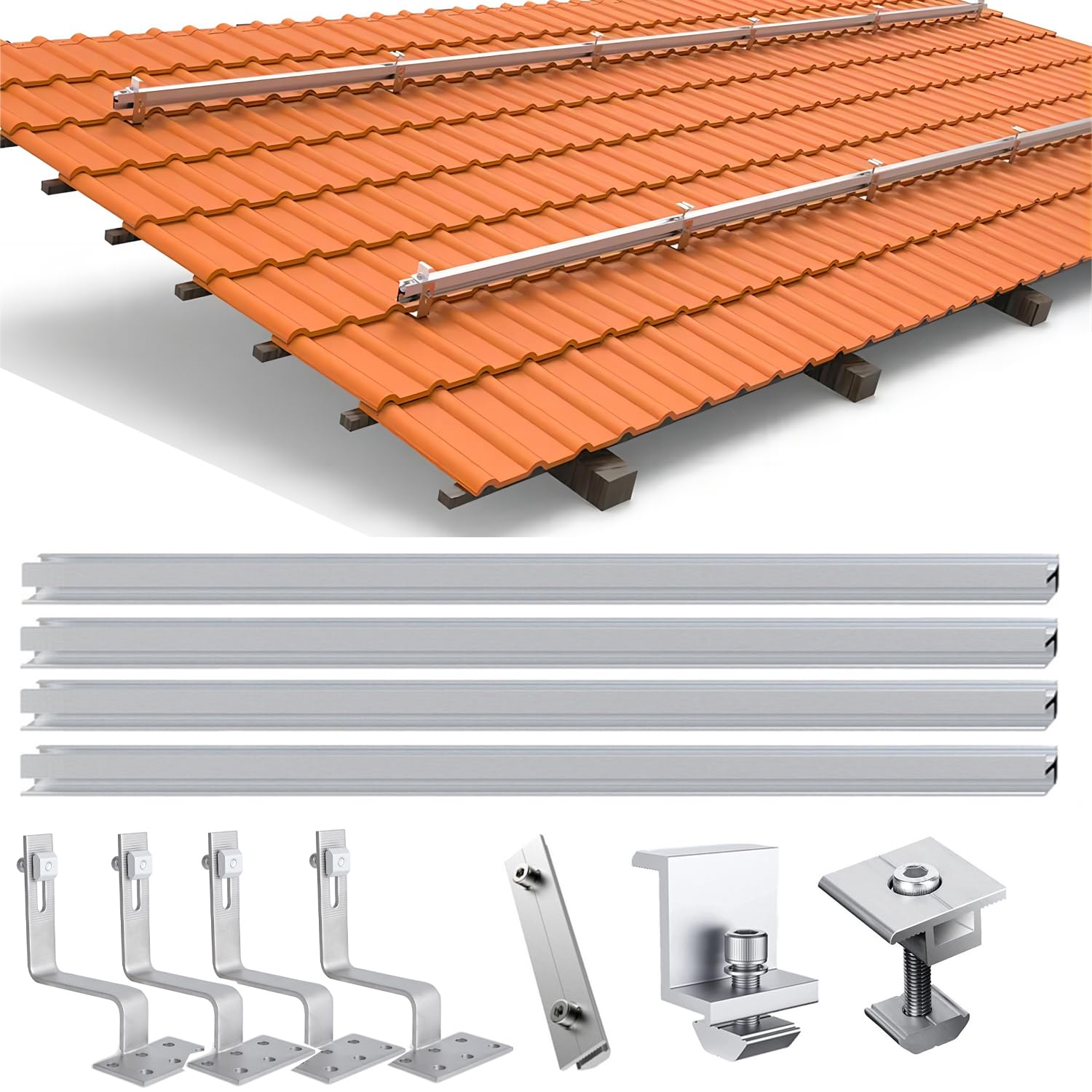 Zonnepaneelhouder, baksteendak, bevestigingsrail, montagerail, dakdrager, 4 modules 35 mm, zonnepaneel, aluminium houder, fotovoltaïsche zonnebaksteendak, montageset, bevestiging rail, dakhaak