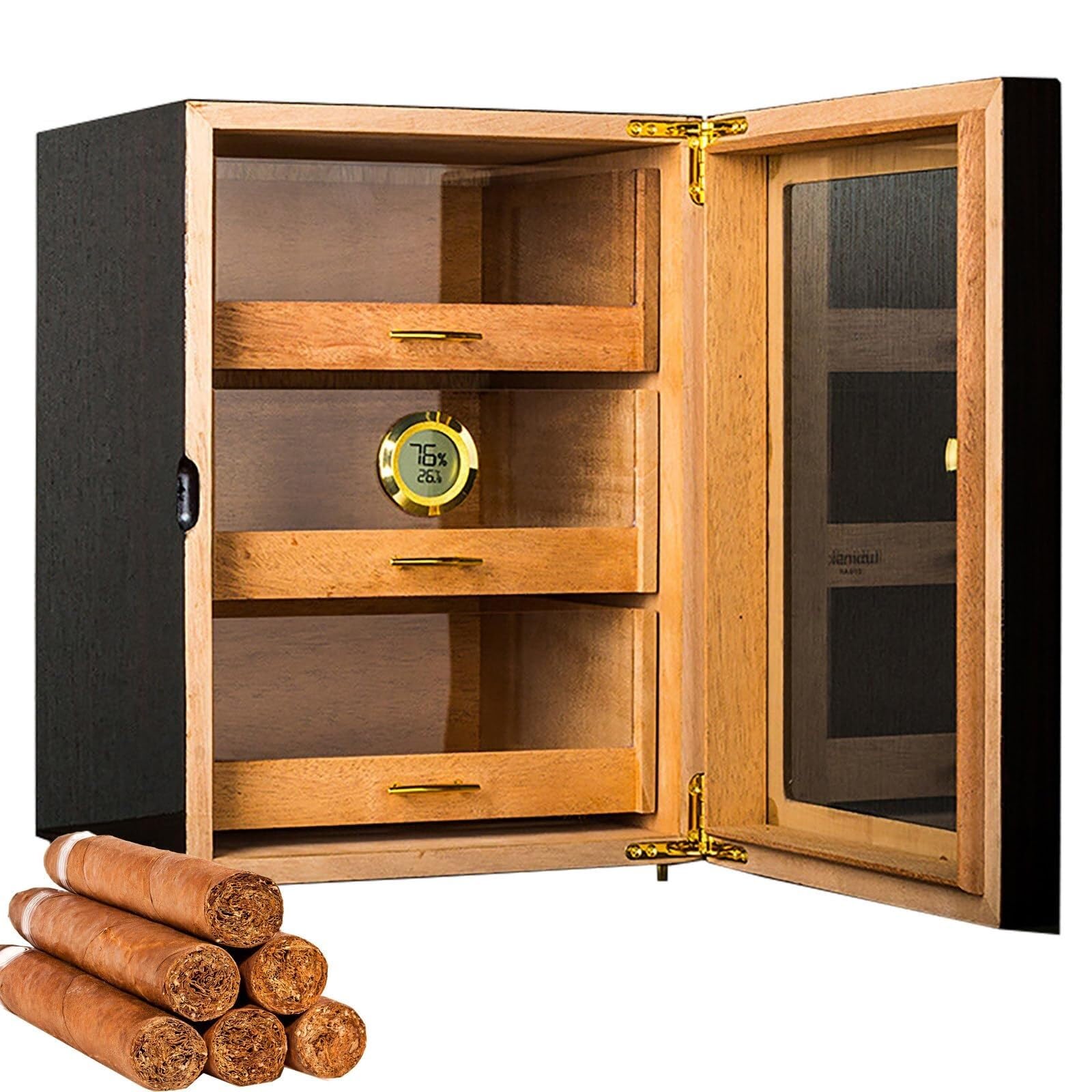 Humidor aus Zedernholz mit Hygrometer und Luftbefeuchter – Platz für 80–100 Zigarren, durchsichtiges Fenster für einfache Sicht