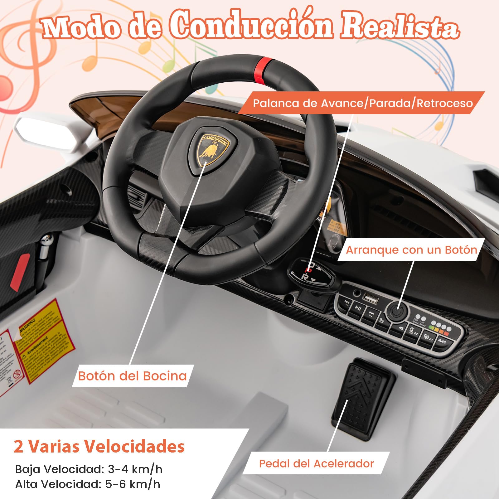 COSTWAY Lamborghini 12V Coche Eléctrico para Niños con Control Remoto 2,4G, 3 Velocidades, Puertas Hidráulicas, Luces LED, Blanco