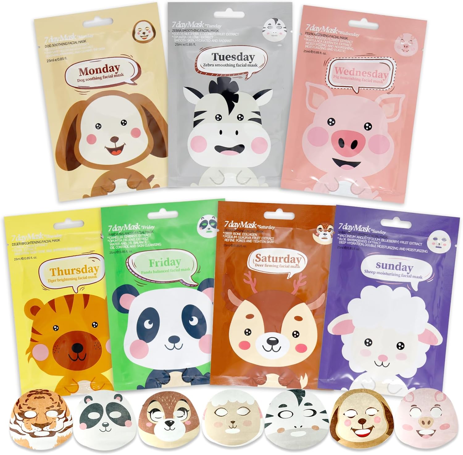 7 Piezas Mascarilla Facial Niña, Mascarilla Hidratante Facial, Iluminadora, Calmante, Mascarilla Facial Animal Beauty, Skincare Adolescente, Apta para Todo Tipo de Pieles