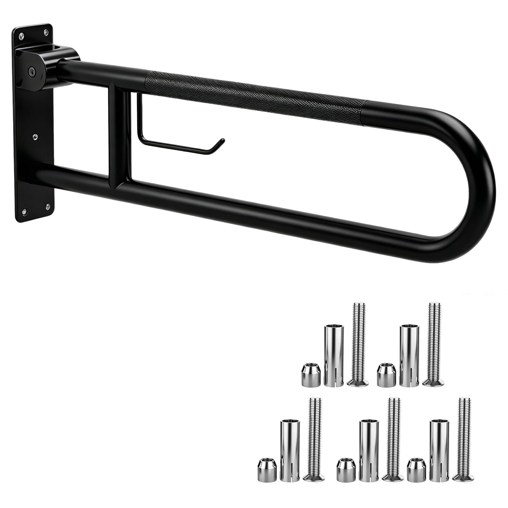 22.5 Inch Toilet Grab Bar, HUAS Black Anti Slip Bathroom Toilet Safety Rails, U Shaped Flip-Up Handicap Grab Bars w/Paper Holder, Stainless Steel Support Handrail for Elderly Disabled Senior