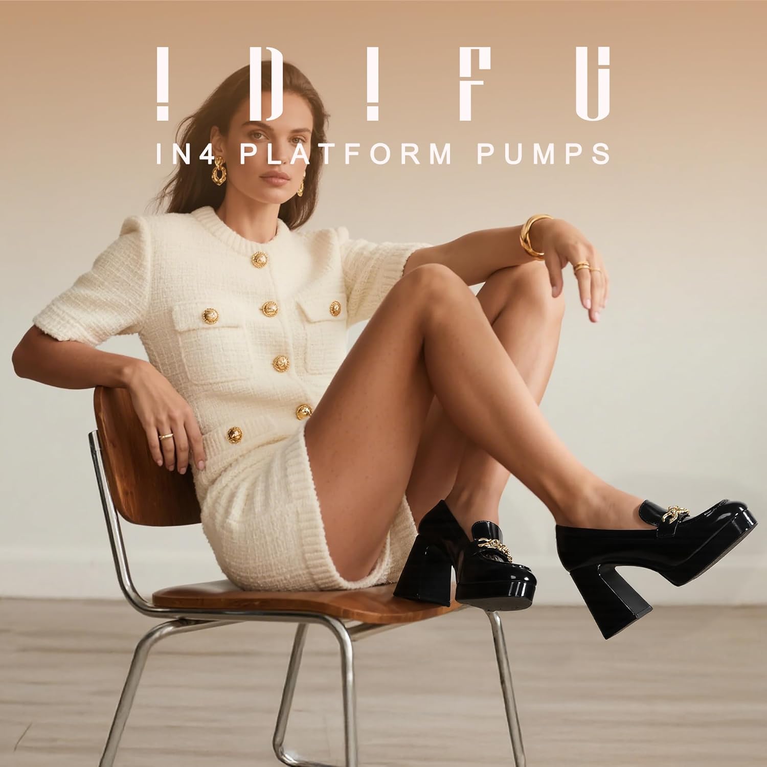 IDIFU IN4 Platform Heels Closed Square Toe Chunky Block High Penny Loafers Pumps with Metal Chain Wedding Prom Graduation Formal Dress Shoes for Women Dressy Slip On Thick Uniform Platform Pumps - Image 2