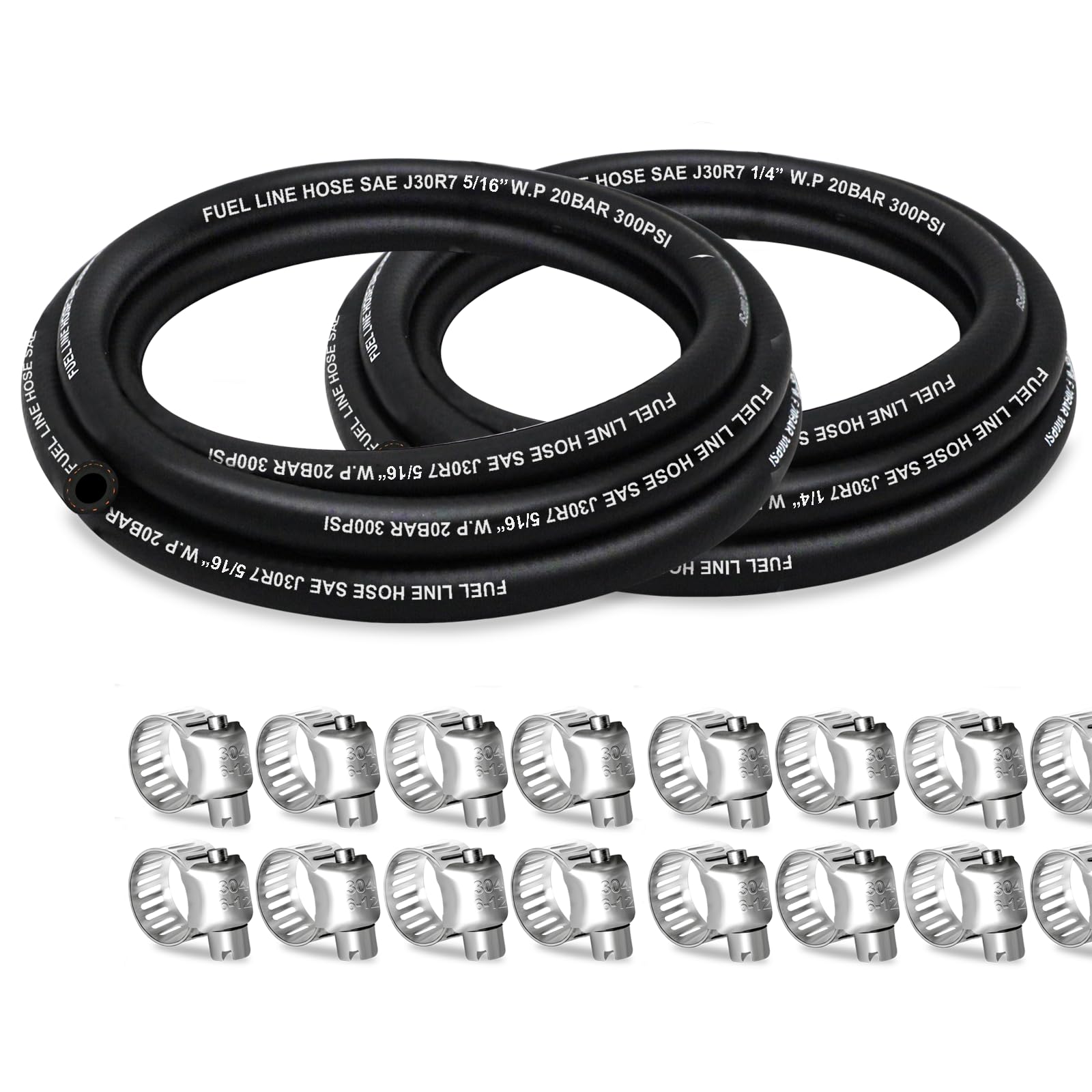 Fuel Line 1/4 5/16 Inch ID, Fuel Hose 10FT 300PSI High-Pressure with 20 Clamps., J30R7 Fuel Line Hose NBR.