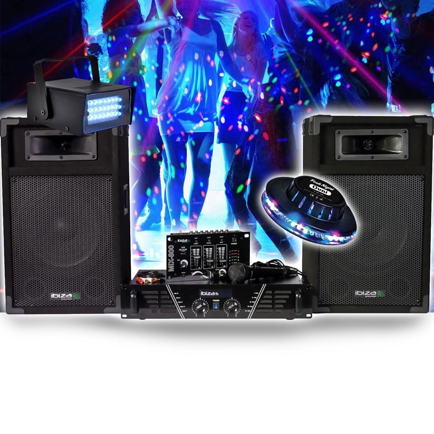 Pack SONORISATION Complet Disco 480W Ibiza Sound DJ300 Ampli - Table de mixage - Enceintes - Micro, Jeu Lumière OVNI Strobe LED