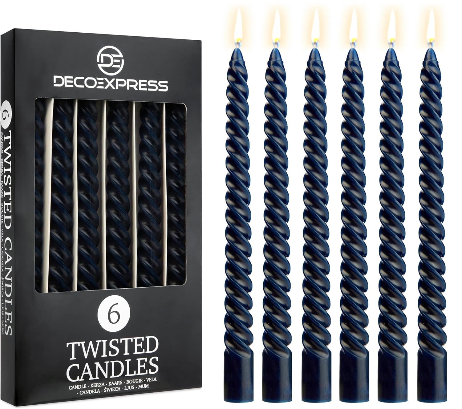 DECO EXPRESS Candles, Pack of 6 Dinner Candles, Non Drip Twisted & Non Scented, Long 6 Hours Burning Time, Cosy Home Decor, Valentine’s Day & Mother’s Day Gifts (Blue, Pack of 6)