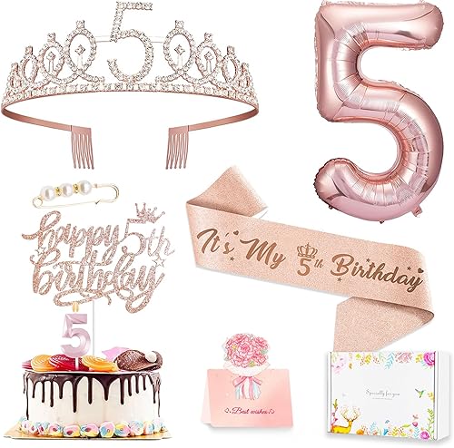 Decoraciones de 5 cumpleaños para niña, incluye adorno para pastel de cumpleaños de 5 años, banda Queen con alfiler de perlas, corona de tiara de