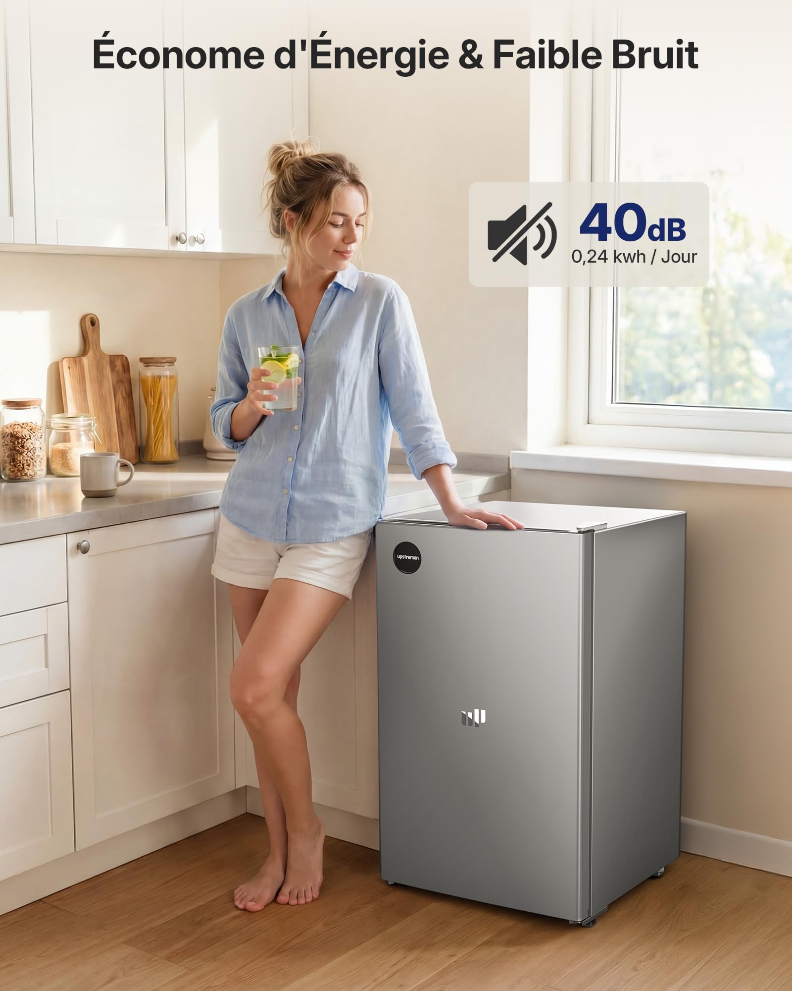 Upstreman CR91 Réfrigérateur 91 Litres sans Congélateur, Silencieux 40 dB, Thermostat Réglable 1-10℃, Gris Argenté