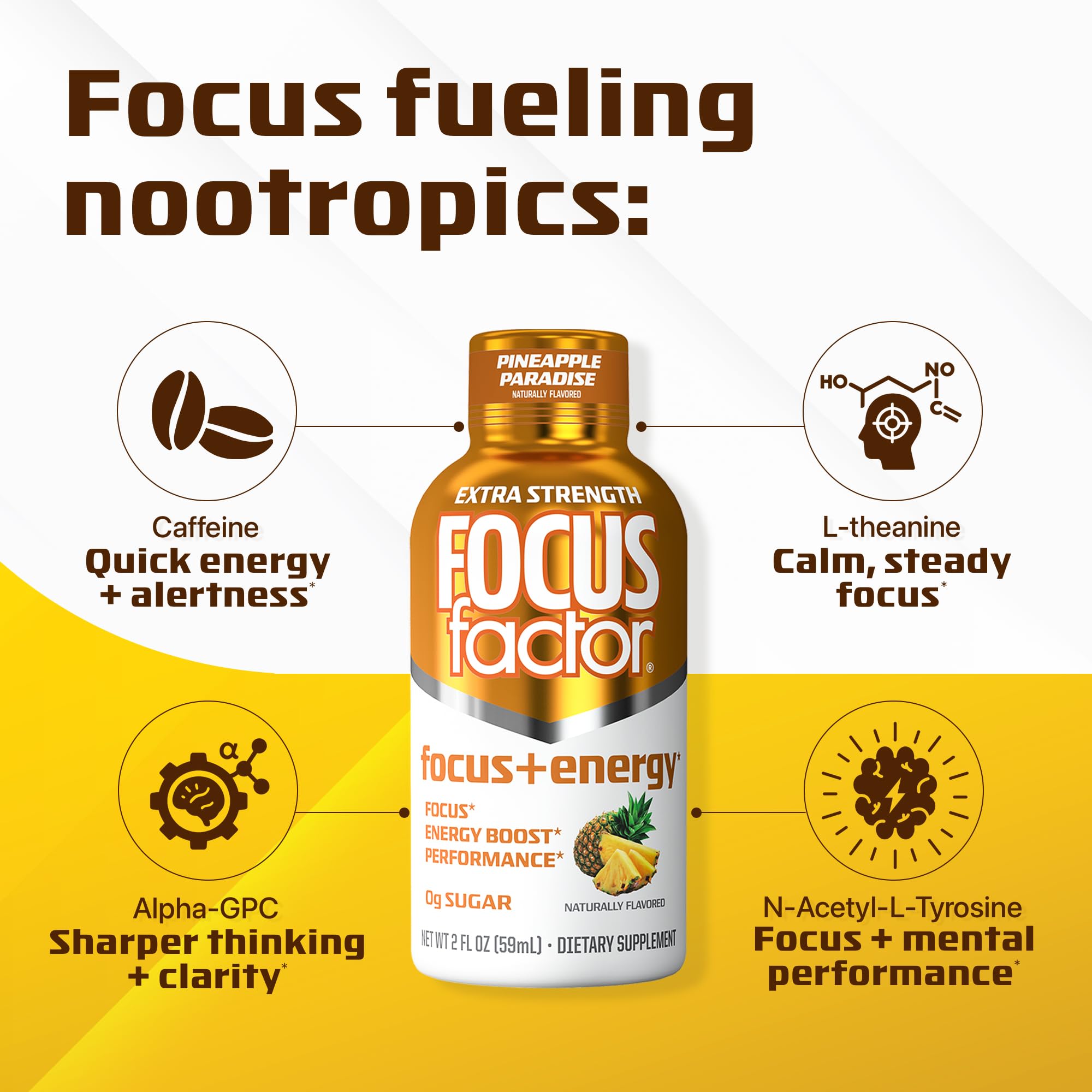 Focus Factor Extra Strength Focus + Energy Shots - 12 x 2oz Bottles (Pineapple Paradise Flavor) - Powered by Nootropics with Caffeine, L-Theanine, Ginkgo, Bacopa, L-Tyrosine, Alpha GPC — Amazon image 3