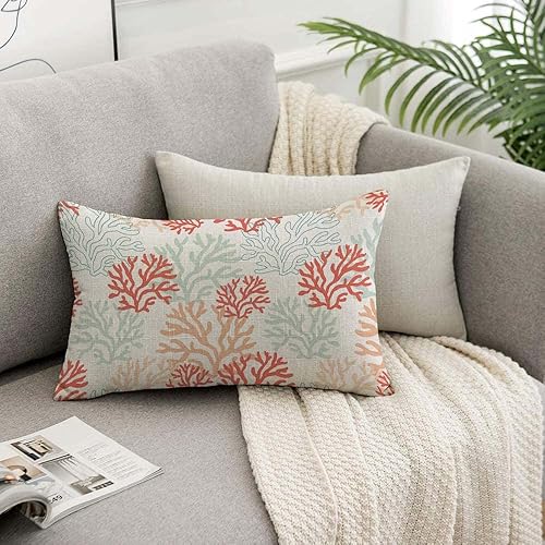 Miniatura 7 de TKS MITLAN Fundas de almohada de coral rojo, rosa y menta, 12 x 20 pulgadas, diseño de arrecife tropical, garabatos náuticos, fundas de almohada