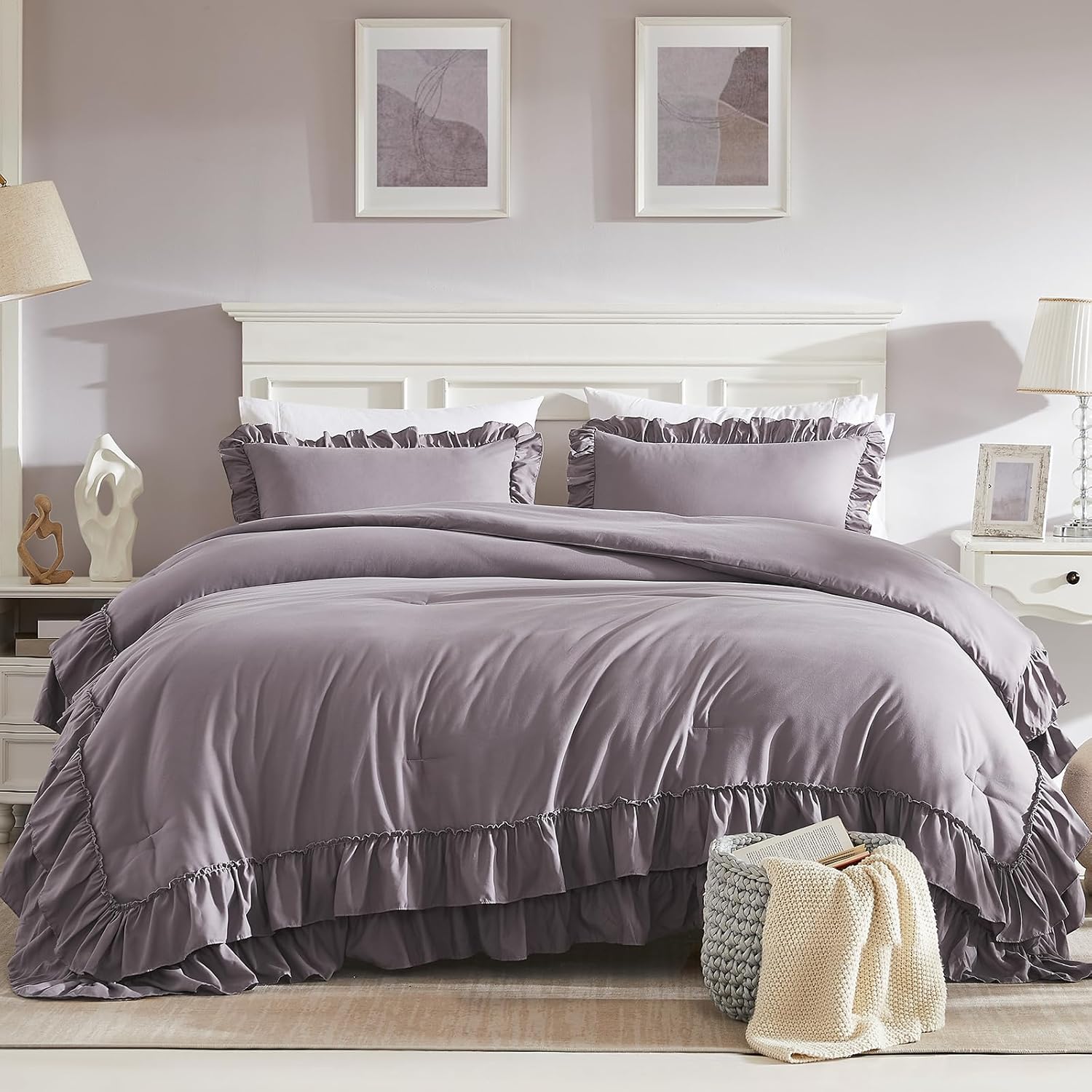 Cupocupa Purple Ruffle King Size Comforter Set, Shabby Chic Boho Bedding Comforter Sets, Fluffy Cozy Bedding Comforters & Sets for All Season, 3PCS Lightweight Farmhouse Rustic Bedding Sets - Image 2