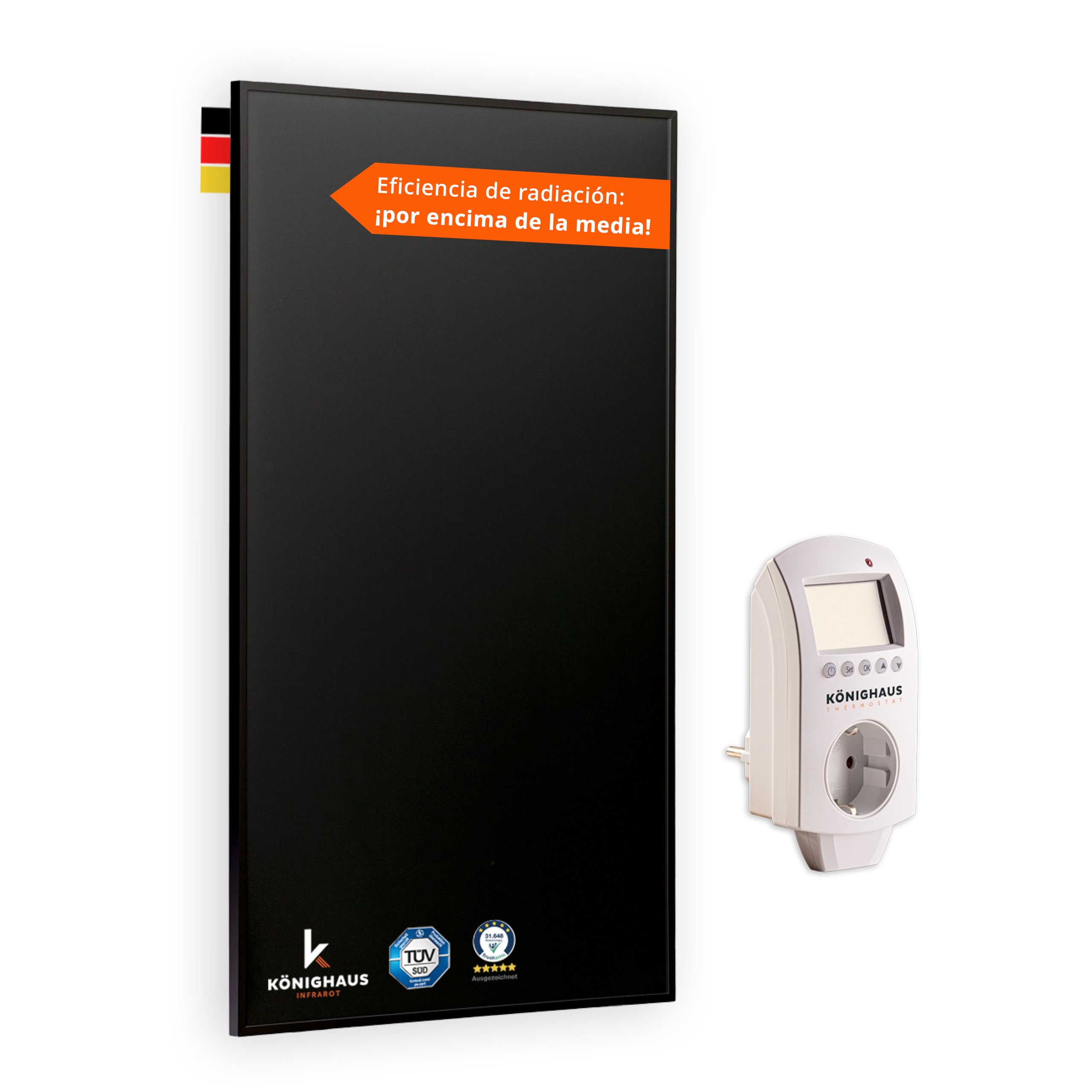 Könighaus calefacción infrarroja - 130 W Black Edition con termostato – TÜV SÜD + 5 años garantía ✓ doble protección sobrecalentamiento ✓ lista en 2–4 min