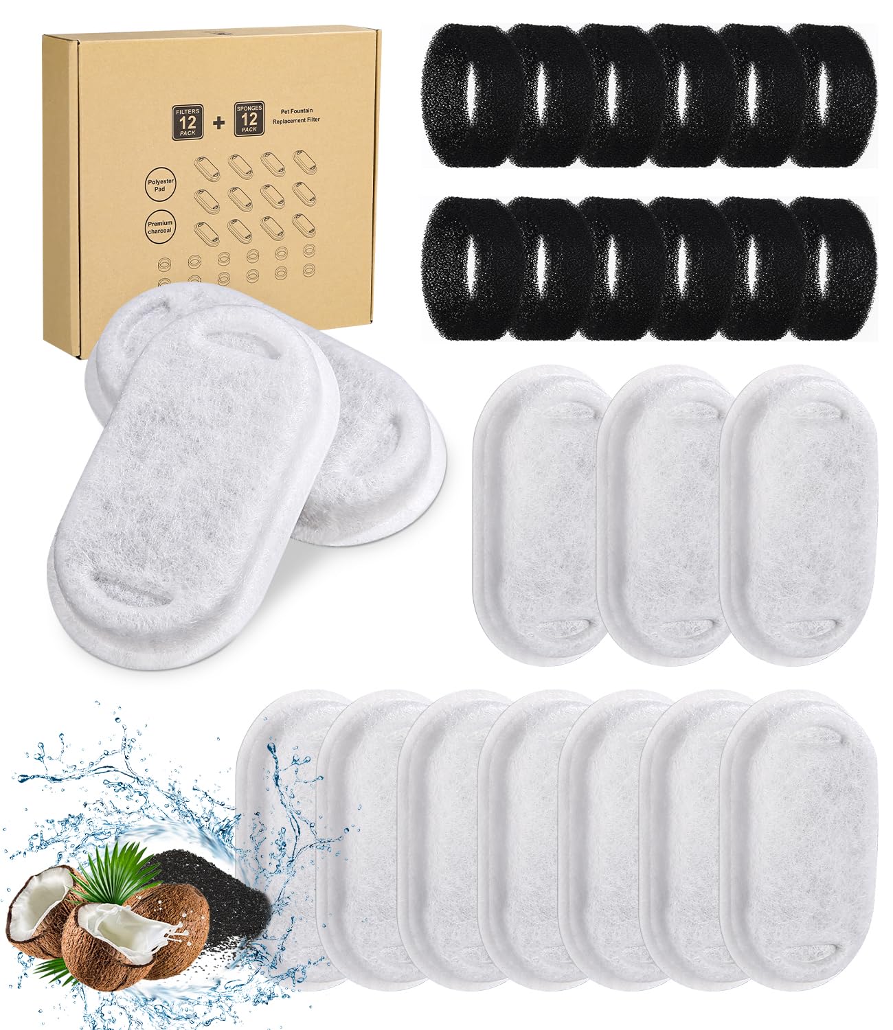 Yulado Filtros De Fuente Para Gatos, 24 PCS Pet Fountain Filters,12 Filtros De Carbón Y 12 Filtro Espuma Filtro De Repuesto,Filtros De Repuesto Para Fuente De Gato Para 2/3,2L Fuentes Acero Inoxidable