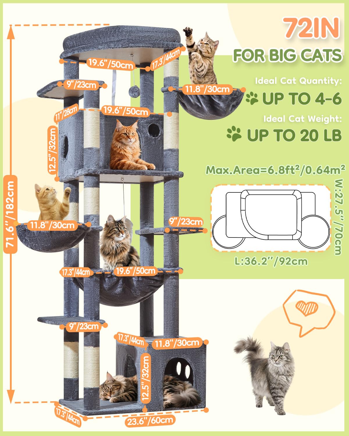 Taoqimiao 72 Inch Cat Tree, XXL Cat Tower for Indoor Cats Large Adult 25Lbs+, Extra-Large Platform, 2 Cat Houses, 7 Scratching Post, Extra-Sized Durable Hammock, Cozy Basket, Smoky Gray, F20G: Smoke Gray