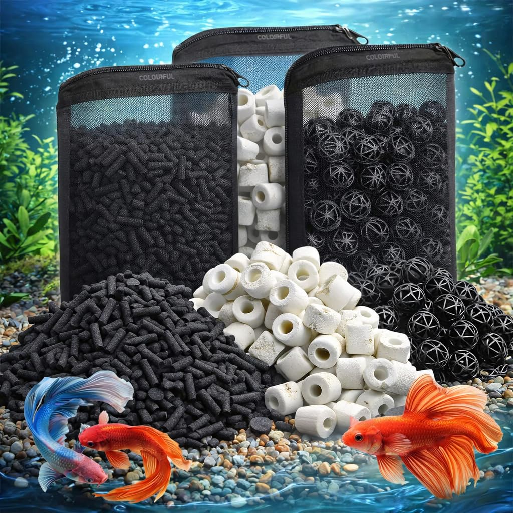 Colourful - Filter Media | Improved Water Quality & Healthy Fish Tanks | 30 Piece Bio Ball + 500g White Ceramic Ring + 500 g Activated Carbon, (3 in 1 Filter Media, Free 3 Net Bag, Combo-5)