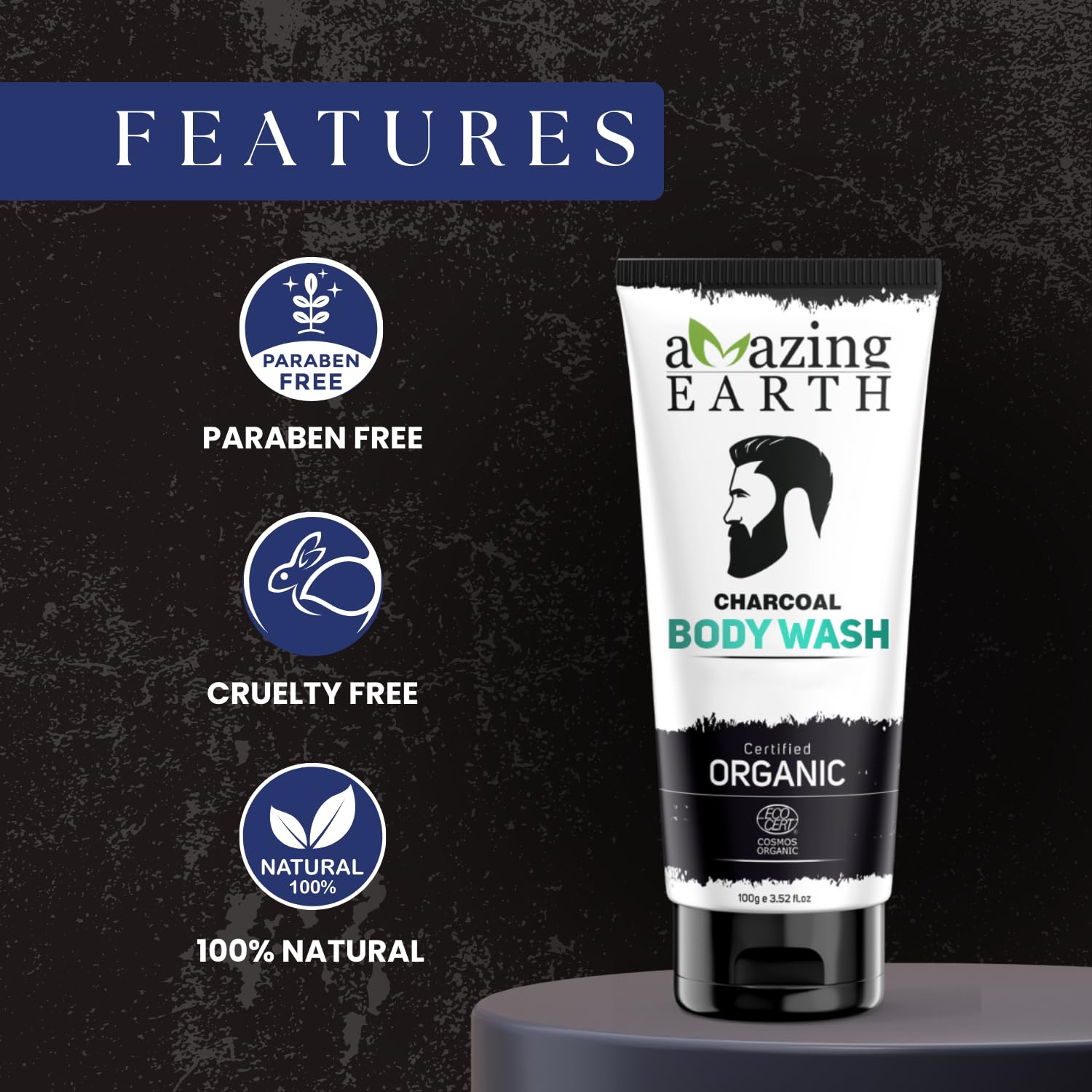 AMAzing EARTH Charcoal Body Wash for Men - Certified Organic with Activated Charcoal, Rice, Neem & Oragnge Extract, Pollution, Oil & Dirt Control, Sulphate & Paraben Free, Cruelty Free & Vegan - 100ml 4