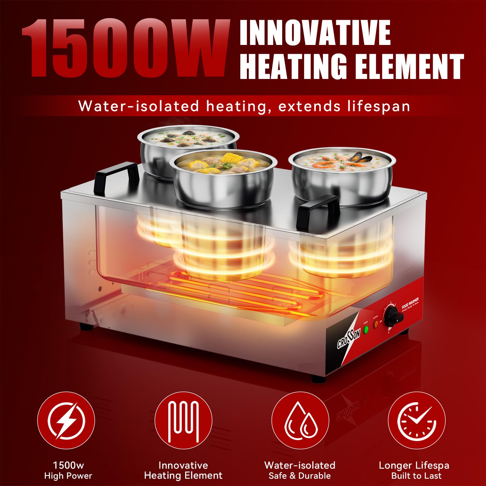 crosson Comercial baño Maria electrico, 3 Recipientes Independientes de Acero Inoxidable de 4L, Calentador de Alimentos 230V/1200W, Temperatura Ajustable de 30°C a 85°C, Ideal para Fiestas, Comedores