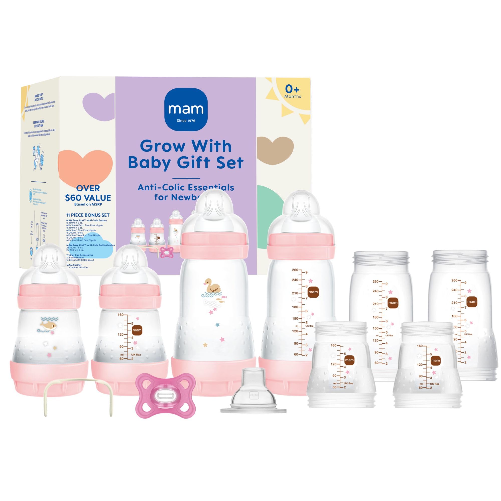 MAMGrow with Baby Feeding Set, Newborn Essentials Must Have for 0-3 Months, Anti-Colic Bottles, Pacifiers and Skinsoft Silicone Nipples, Baby Gift 11 Piece, BPA Free for Girl