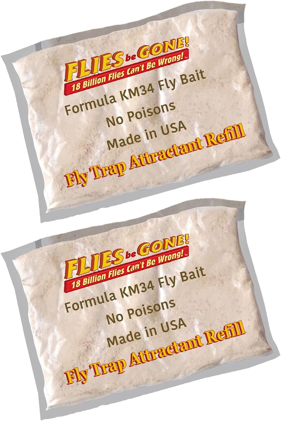 Flies Be Gone - Original KM34 Fly Trap Attractant (2 Pack)- Natural, NO POISONS, Non Toxic Replacement Packets for Barrel, Monster Screw Tops and All Brands of Fly Traps