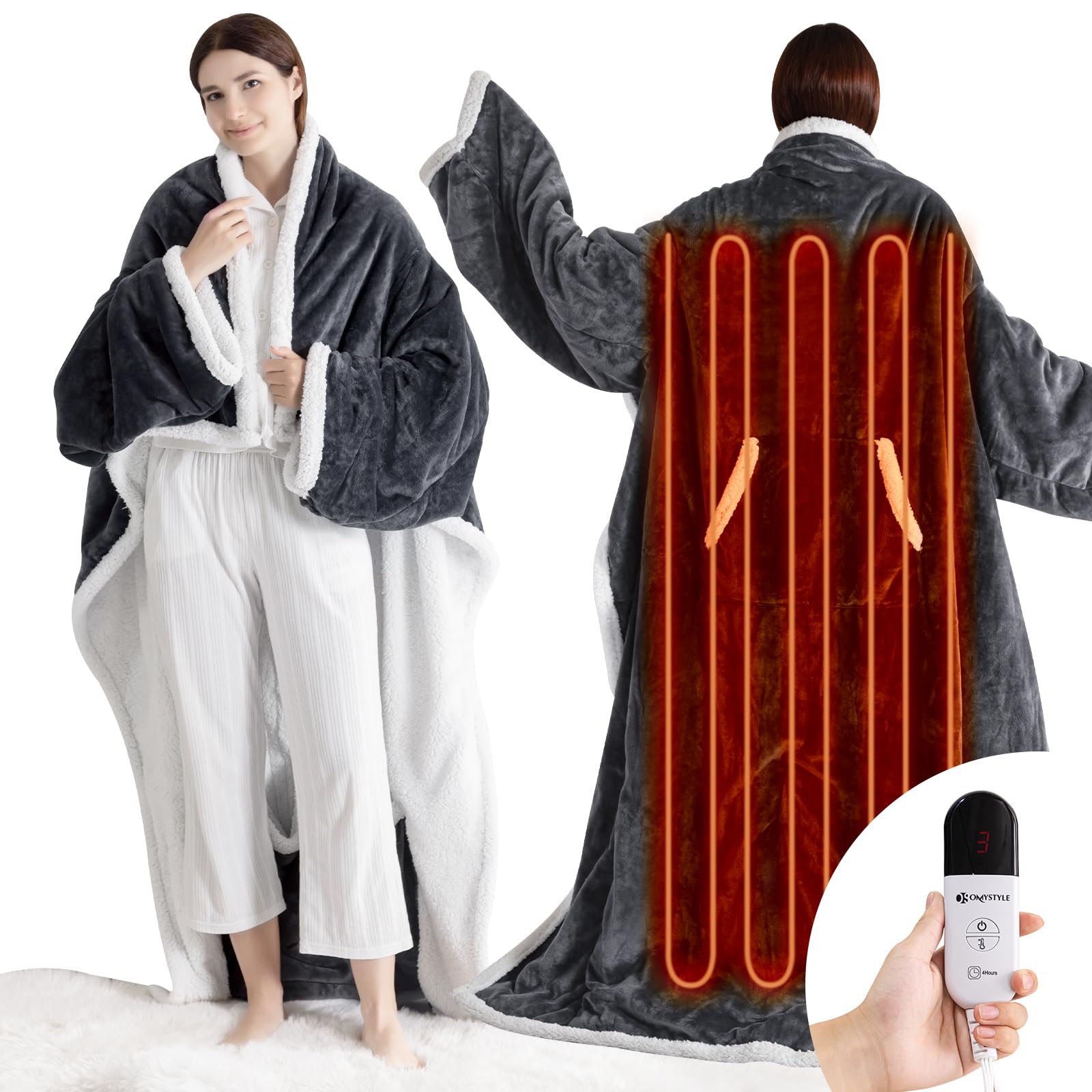 OS OMYSTYLE Electric Blanket Wearable with Foot Pocket, Wearable Heated Blanket with Sleeves, 1-6 Heating Levels & Fixed 4 Hours Heating Time Setting, 52 * 72