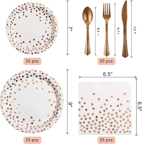 Miniatura 2 de Juego de vajilla desechable de 150 piezas de oro rosa para fiestas, sirve 25 platos de papel de lunares dorados, servilletas, tenedores de plástico,