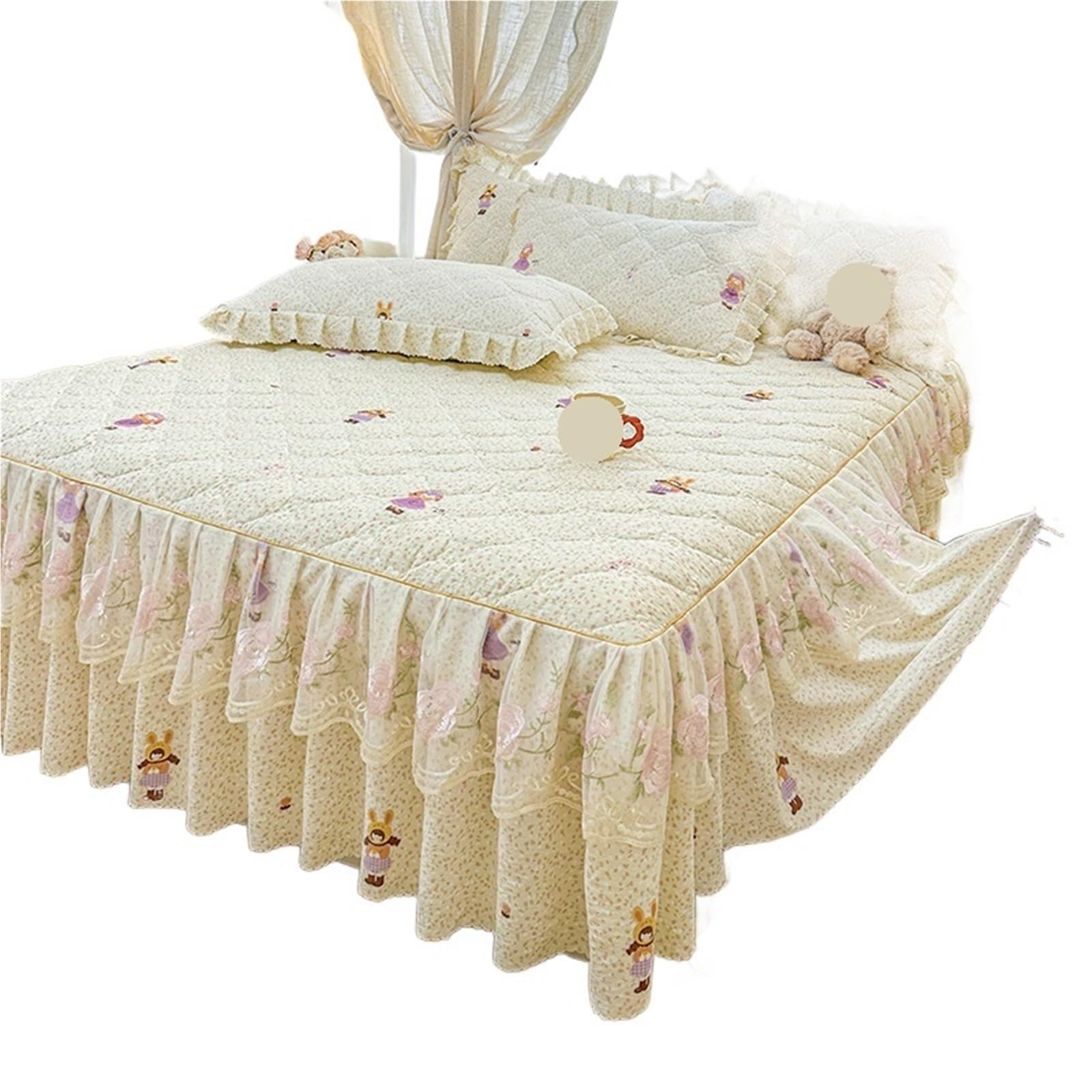 Bed Skirt 1pc Quilted Bed Skirt Soft Printed Bedspread Ruffles Linen With Elastic Band Home Cover (No Pillowcase)(D,Queen 150x200cm 1pc)