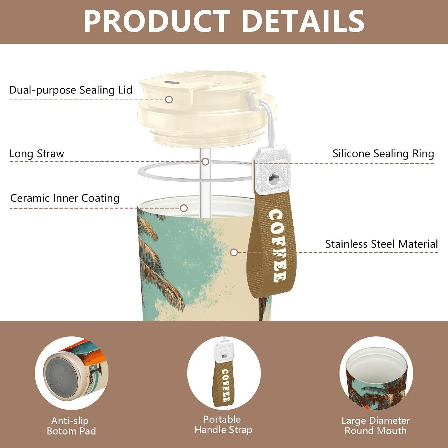 Insulated Coffee Mug Surfboard Beach Palm Tree with Straw & Flip Lid, 16.9oz Iced Tumbler Cup, Double Wall Vacuum Mug for Travel Office Camping