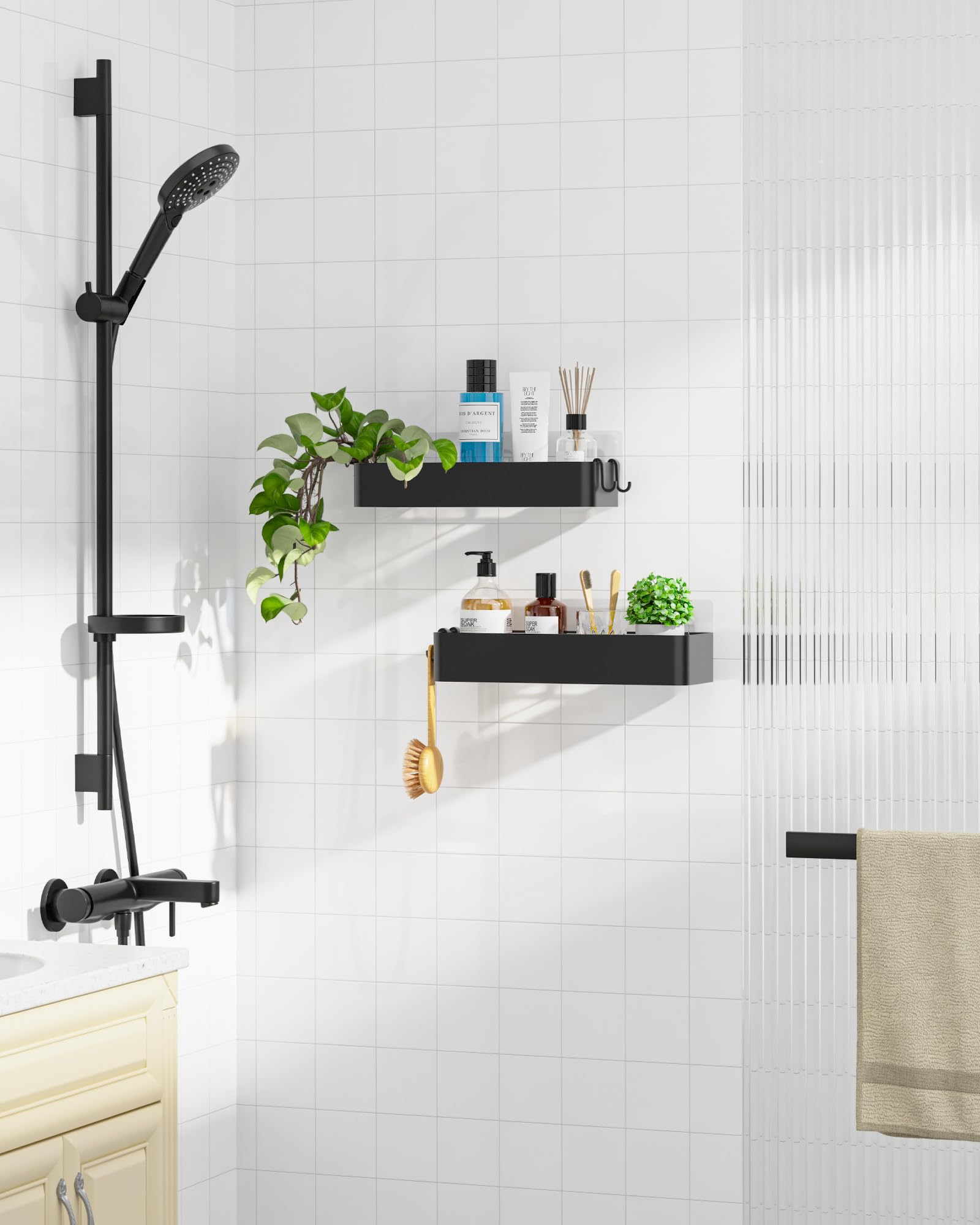 Kitsure 2 Pack Rustproof Shower Caddy - 2 Shelves, Drill-Free & Quick-Dry Shower Organizer, Rustproof Bathroom Shelves with 4 Hooks, Large, Black — view 4