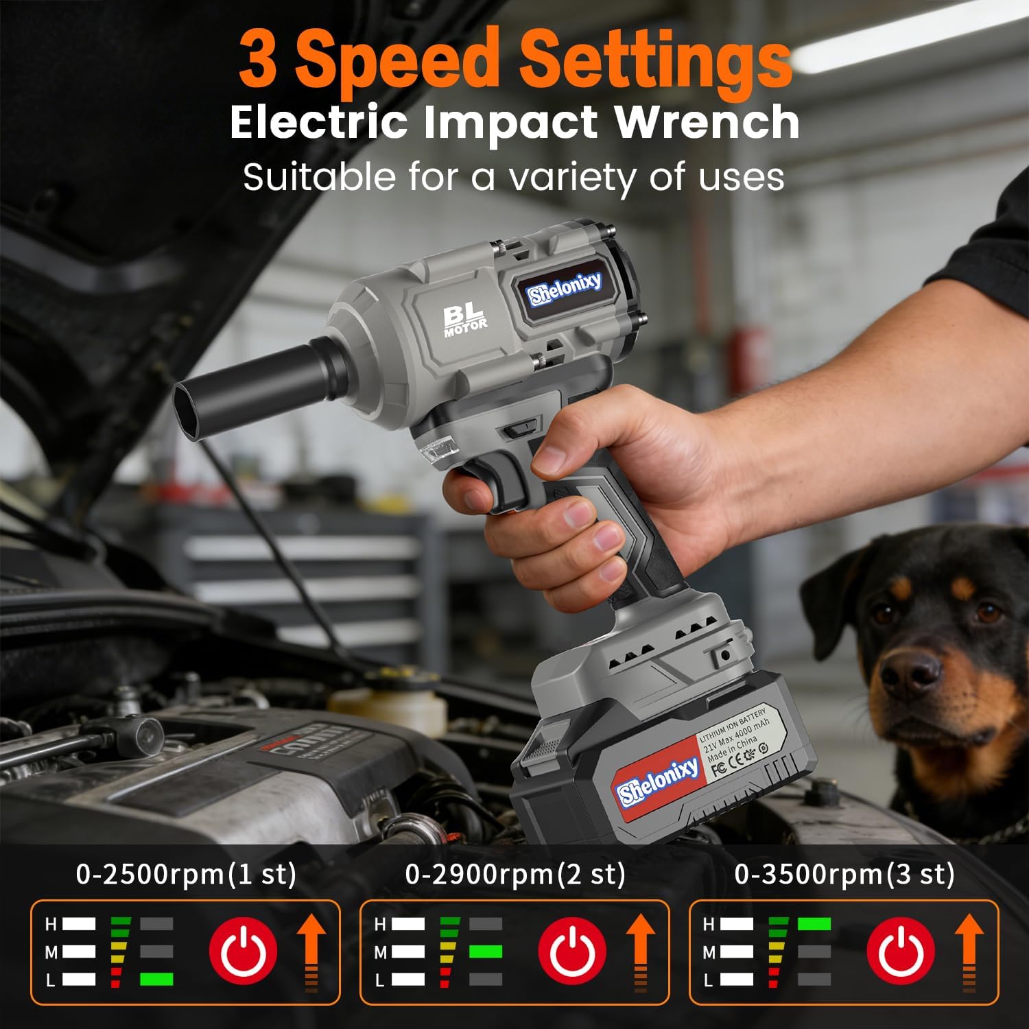 Cordless Impact Wrench 1/2 inch, impact wrench 1500N.m(1106ft-lbs), 1/2 electric impact wrench, impact gun, 2x21V 4.0Ah Batteries, 5 Sockets for Truck/SUV Repair & Garage DIY
