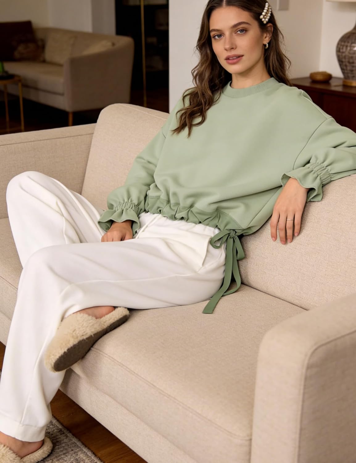 Women's Long Puff Sleeve Sweatshirt Drawstring Hem Crewneck Pullover Loose Solid Casual Tops - Image 8