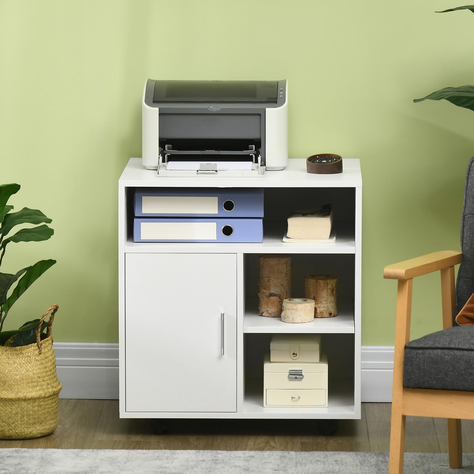 HOMCOM Mueble con Ruedas para Impresora Armario de Oficina Multifuncional con Estantes con Amplio Espacio de Almacenaje 60x50x65,5 cm Blanco