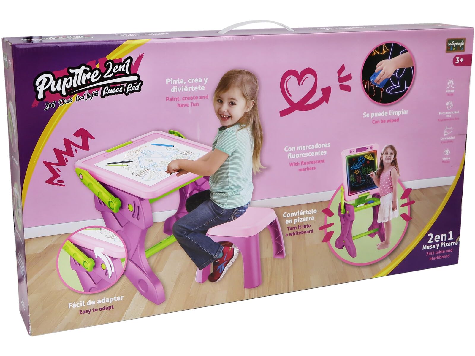 Pupitre Rosa 2 en 1 con Luz LED y Taburete