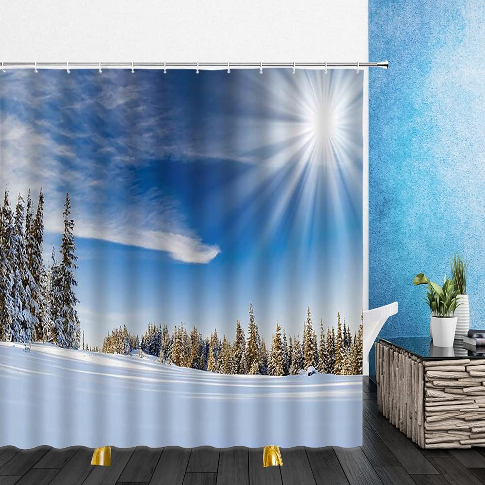 AQHYCJT Inverno Neve Scena Tende da doccia All'aperto Neve Montagna Foresta Paesaggio Bagno Decorazioni per la casa Tende di stoffa impermeabile (W) 150×(H) 180CM