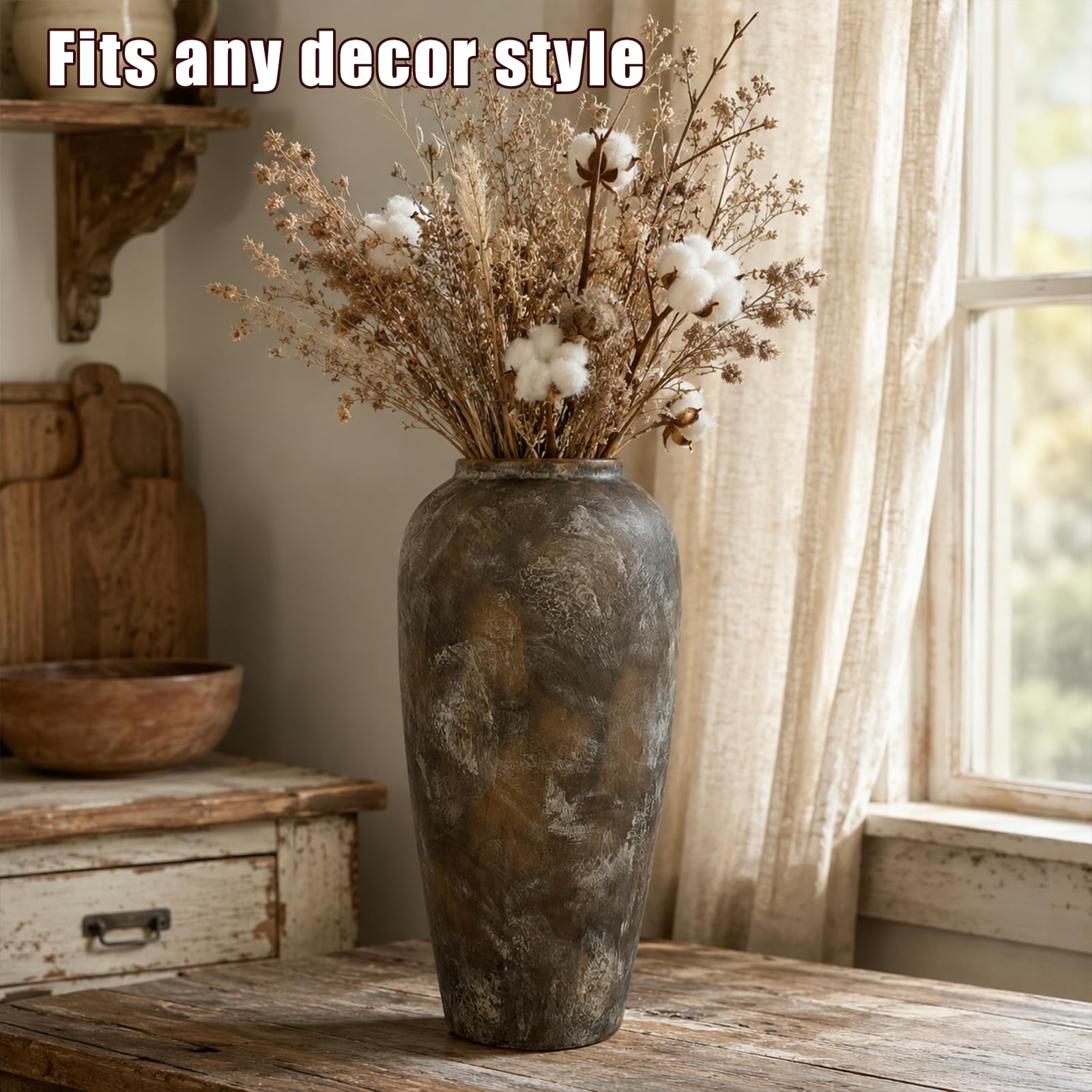 Vaso in ceramica rustica marrone, 38 cm, stile vintage, grande vaso per soggiorno da 15", matrimonio, tavolo da pranzo e regalo