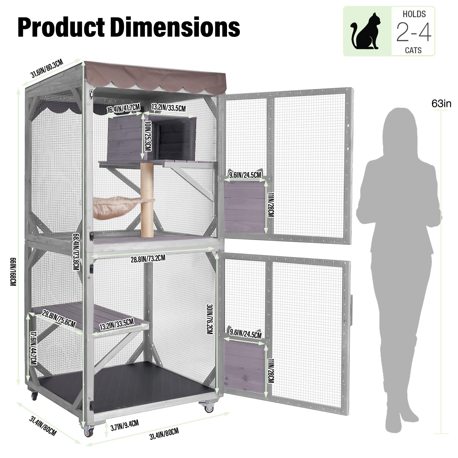 Seiyierr Catio - Jaula para gatos de 66 pulgadas H con ruedas, techo impermeable, estilo rascador y hamaca, jaula para gatos al aire libre, capa de PVC (gris)