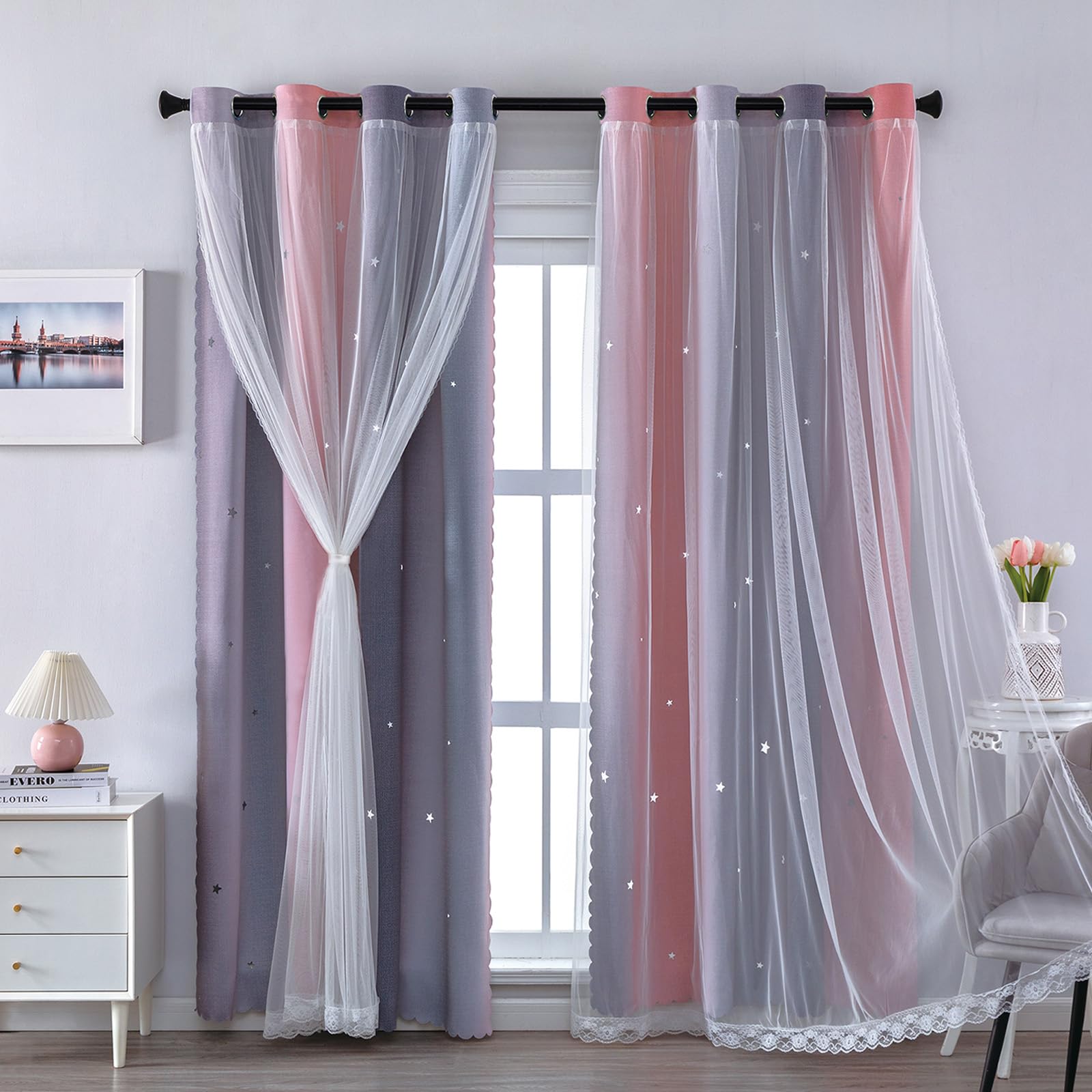 XiDi Grey Blackout Curtains 52x54 Inch for Kids Bedroom, Voile Window Decor Thermal 2 Panels, Pink Lightgrey Grey