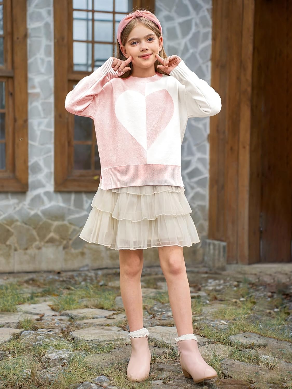 Haloumoning Girls Heart Sweater Kids Cute Color Block Knit Sweaters 7-14 Years