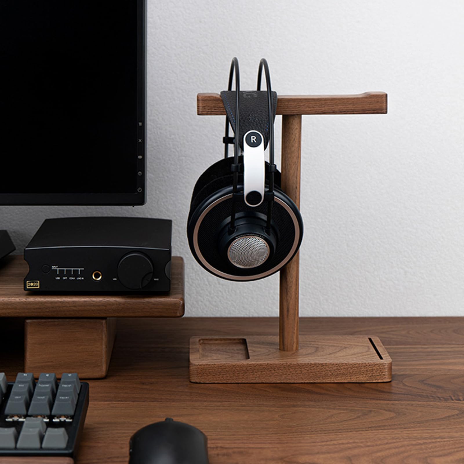 Supporto per cuffie in legno – Supporto da scrivania in noce nero | per cuffie da in legno massiccio | Organizzatore di audio elegante per la configurazione dello studio di ufficio,