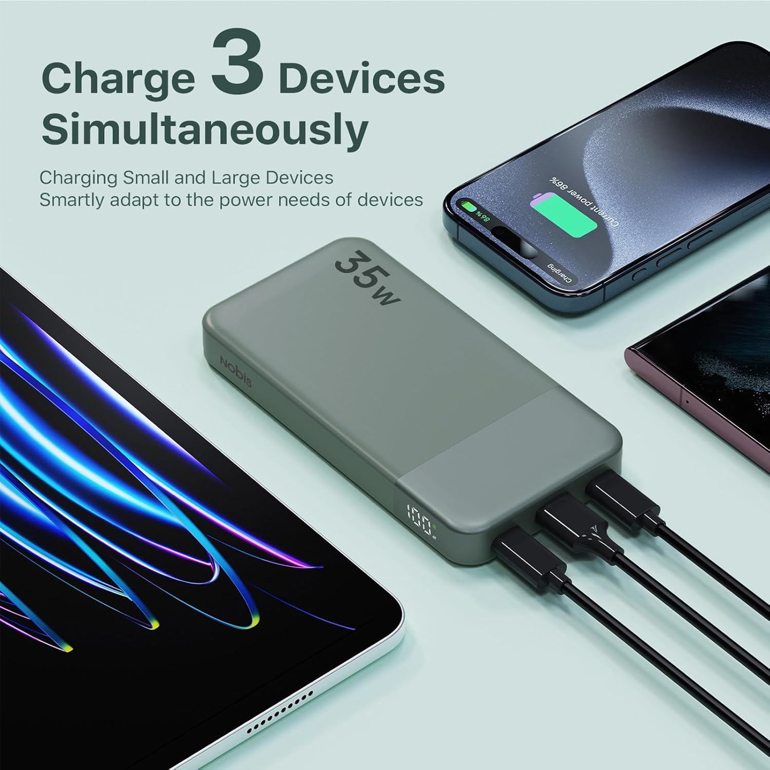 NOBIS Portable Charger, 10000mAh Power Bank Fast Charging, Battery Pack with C to C Cable, Battery Bank with Digital Display for iPhone iPad Android etc (Green, 35W) - Image 4