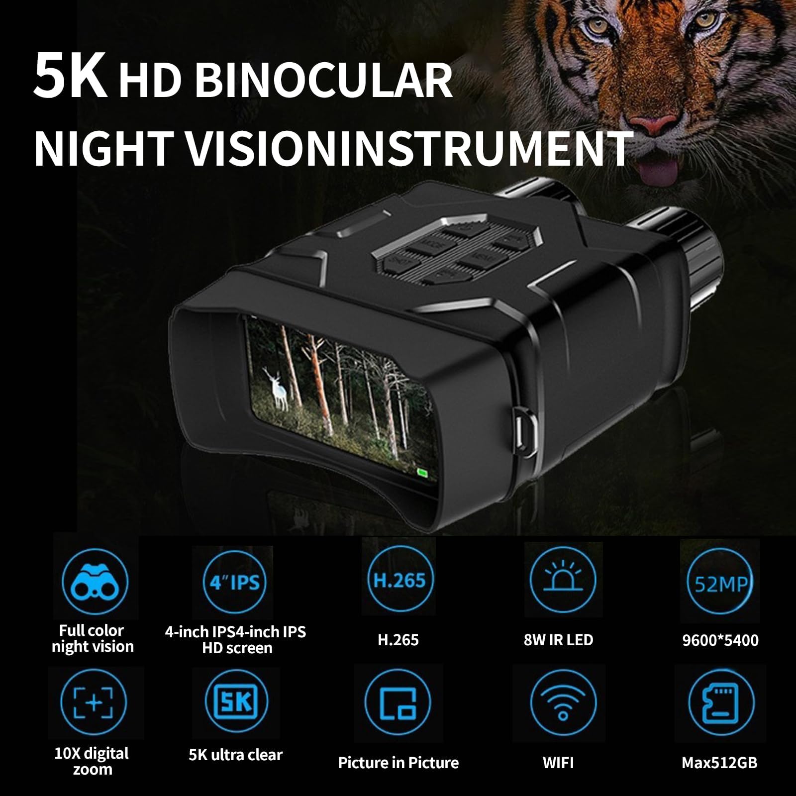 N016 Binocolo Visione Notturna,Schermo Ips Da 4 Pollici Con Risoluzione 5k Videocamera A Infrarossi Zoom Digitale 10x Ideale Per La Caccia E Il Campeggio Cannocchiale Professionale Potente