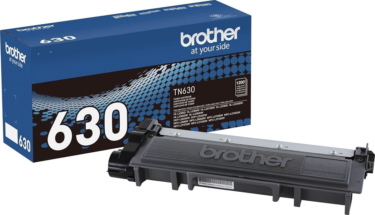 Cartucho de tóner de rendimiento estándar original Brother, TN630, tóner negro de repuesto, rendimiento de página de hasta 1200 páginas, cartucho de reposición Amazon Dash | rendimiento de 1200 páginas con tóner negro para DCP-L2520DW, HL-L2300D y MFC-L2700DW