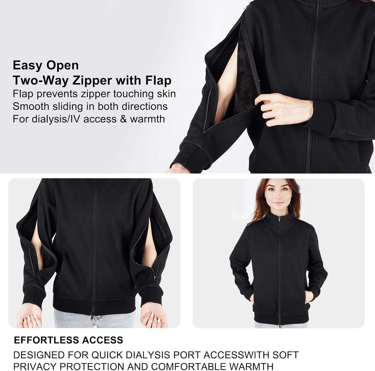 Women's Sherpa Lined Stand Collar Dialysis Jacket - Comfort with Arm Zipper | Hassle-Free Port Access & Hemodialysis Clothing - Image 2