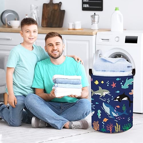 Miniatura 2 de Clastyle Cesta de lavandería impermeable para niños de 45 litros para dormitorio, plegable, tiburón, tortuga marina, pulpo, con cordón, 14.2 x 17.7