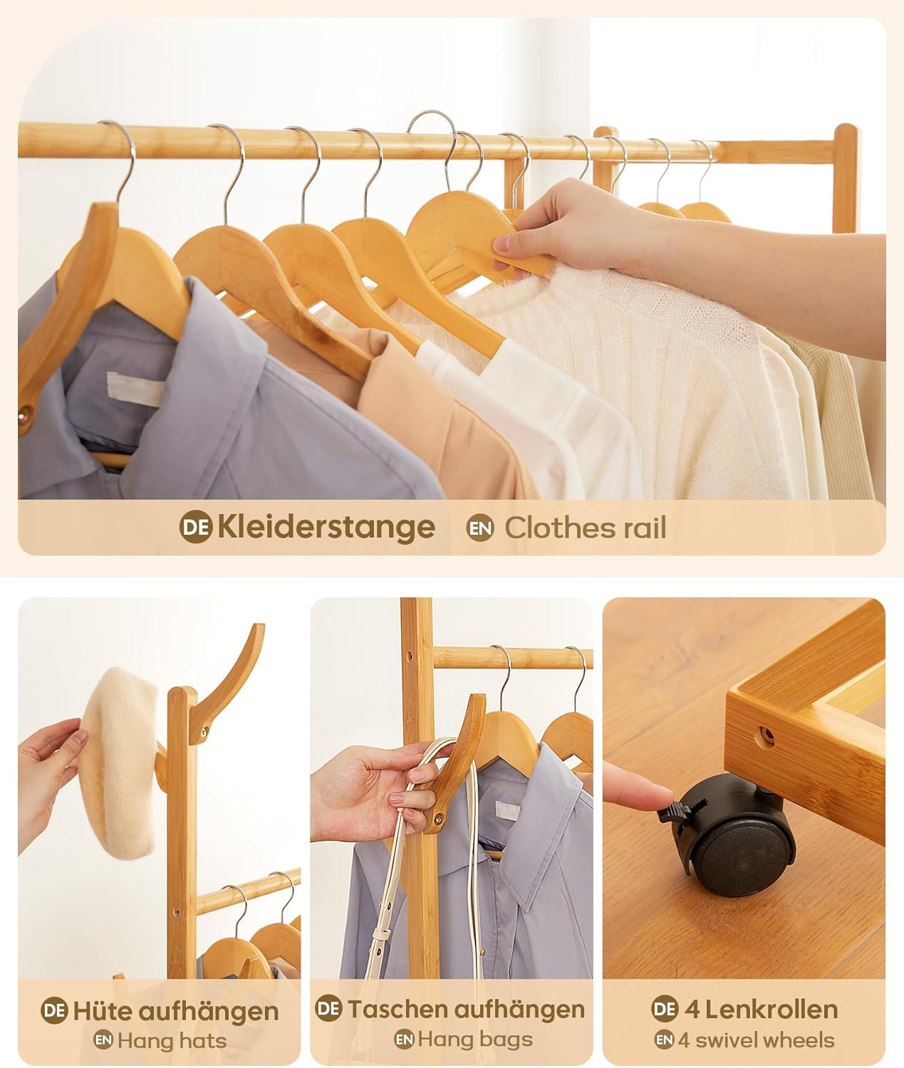 Close-up images showing the clothes rail, hooks for hats and bags, and swivel wheels with locking mechanism.