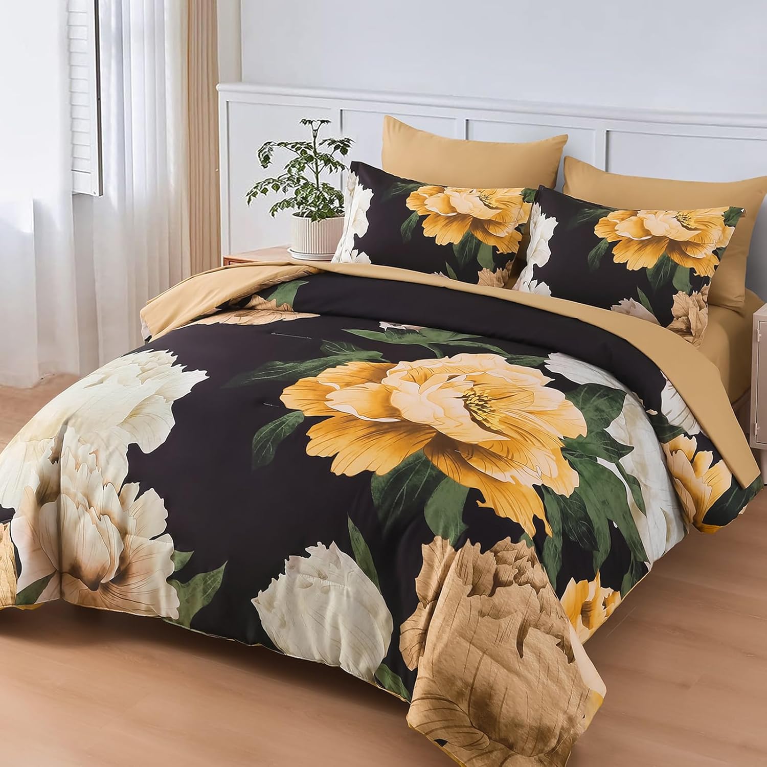 Dobuyly Black Floral Comforter Set Queen 7 Piece Bed in a Bag, Yellow Brown Flower Printed on Black Comforter Set with Sheets, Soft Microfiber Botanical Boho Bedding Set for All Season - Image 2