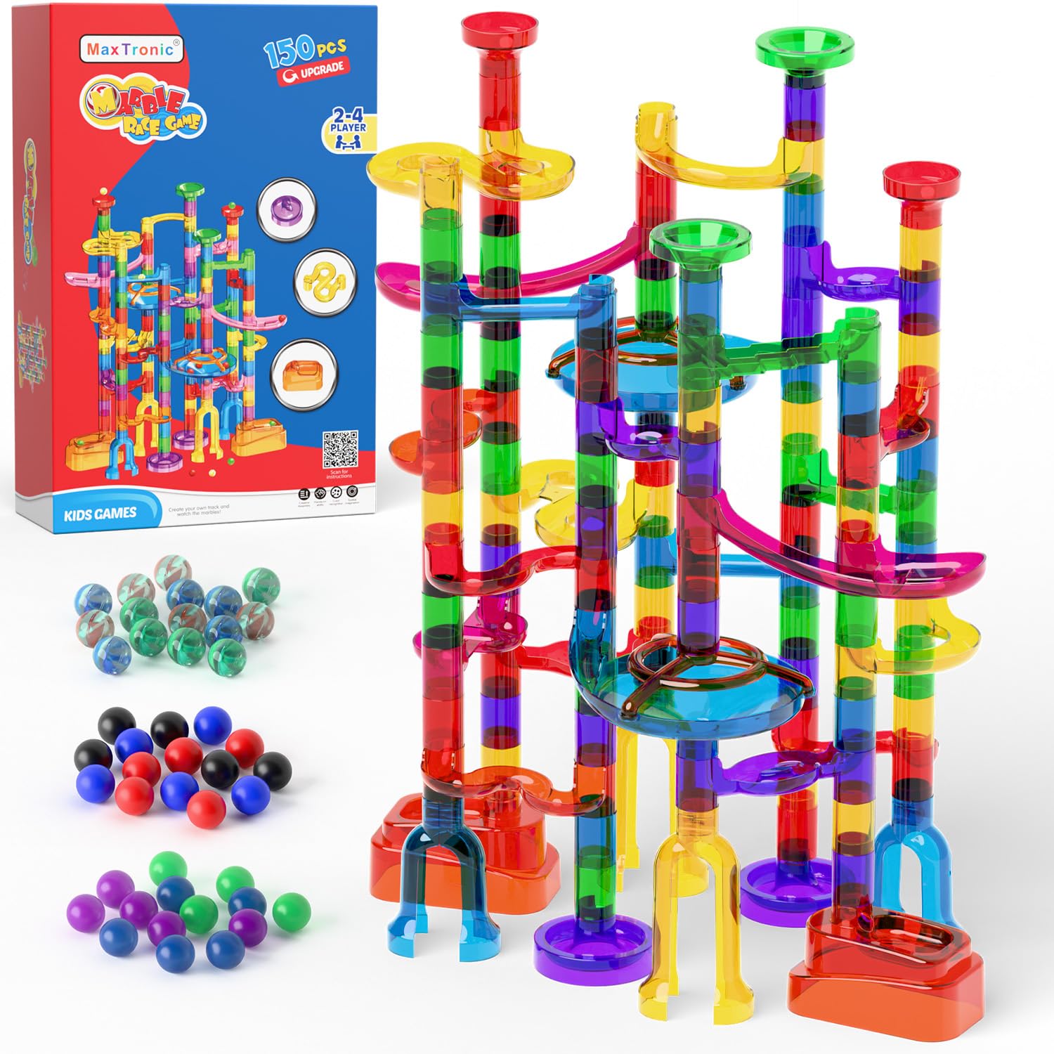 Murmelbahn Logikspiele Mehrfarbige kugelbahn 150 Stück transparent Bahnelementen und murmeln STEM Marble Rush Doppelspiel Spielzeug Geschenk für Kinder Jungen Mädchen ab 3-12 Jahre