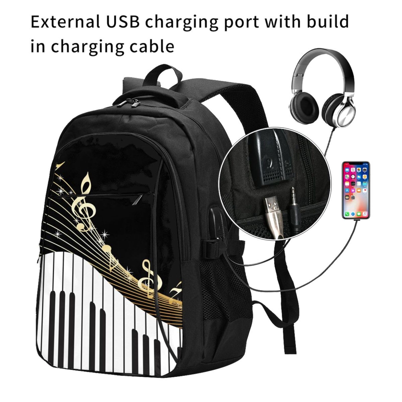 InOmak Schwarze Musiknoten, Reiserucksack, Freizeitrucksack, Schulrucksack, Laptop-Rucksack für Damen und Herren
