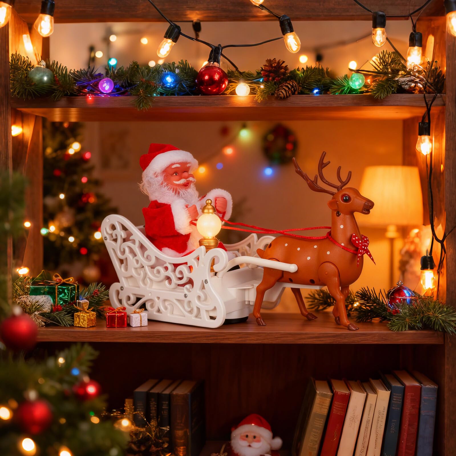 GALPADA Babbo Natale Elettrico Decorativo in Plastica Renna e Slitta Bambola Natalizia per Festa di Natale Ornamento per Tavoli Scrivanie e Ambienti Domestici Regalo per e Famiglia